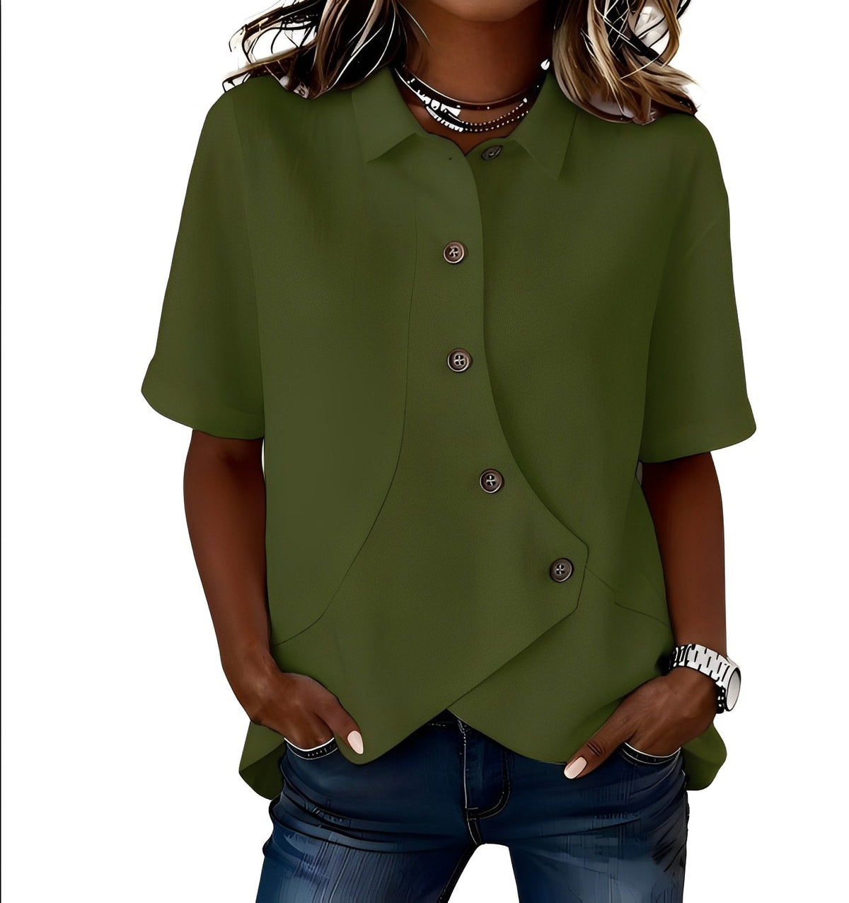 Jolien - Luchtig linnenmix shirt met diagonale knopenlijst voor dames