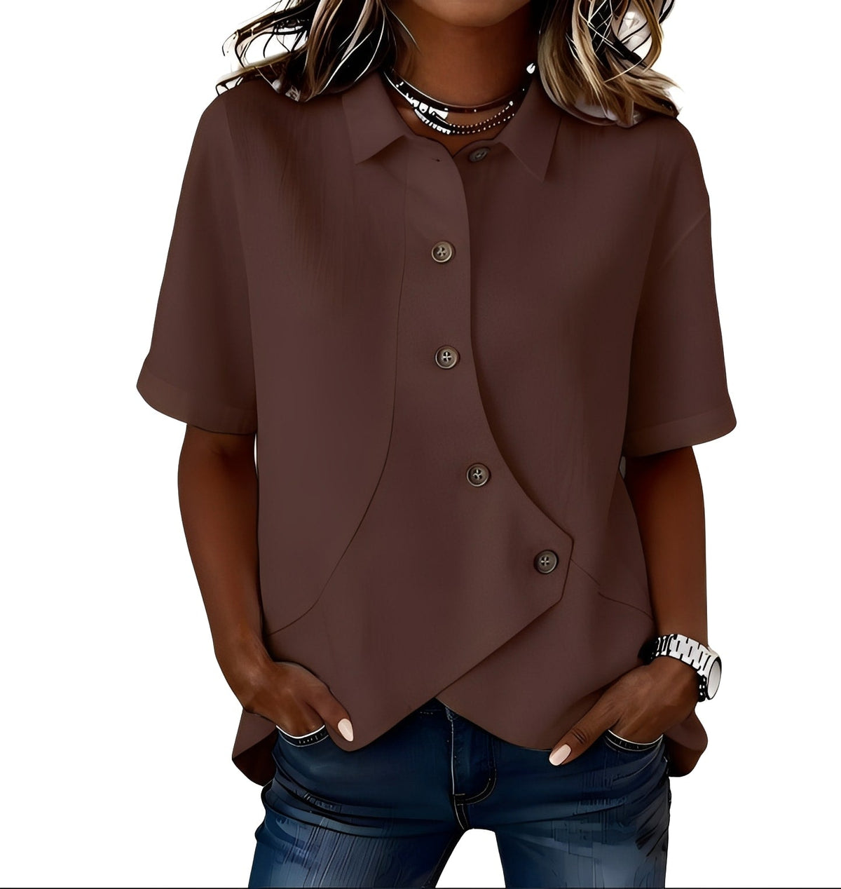 Jolien - Luchtig linnenmix shirt met diagonale knopenlijst voor dames