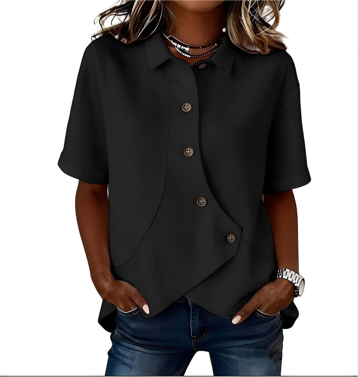 Jolien - Luchtig linnenmix shirt met diagonale knopenlijst voor dames