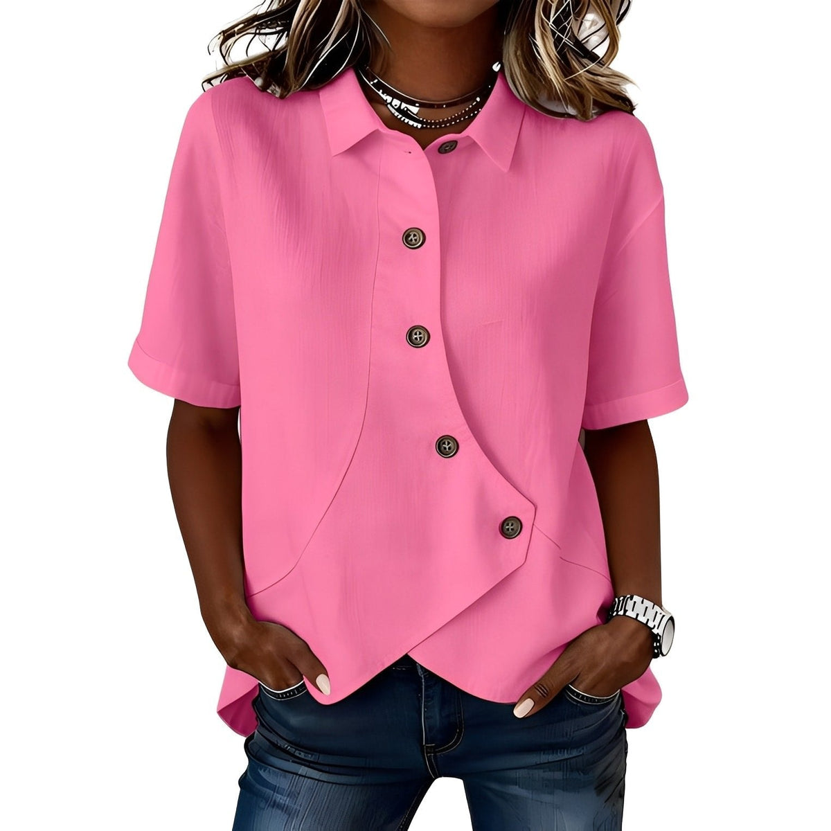 Jolien - Luchtig linnenmix shirt met diagonale knopenlijst voor dames