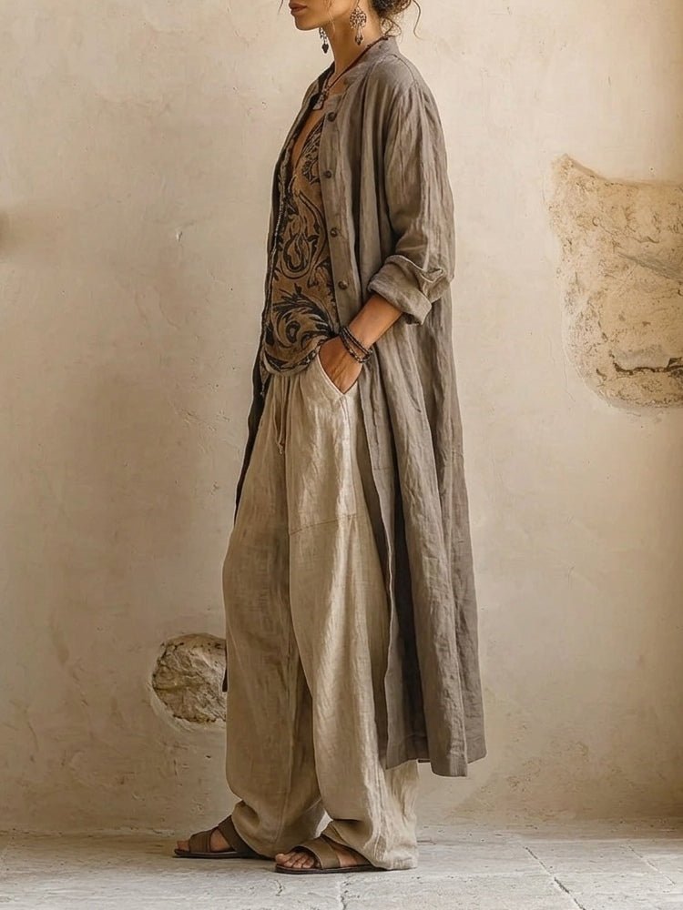 Eva - Linnen driedelig set met wide leg voor dames