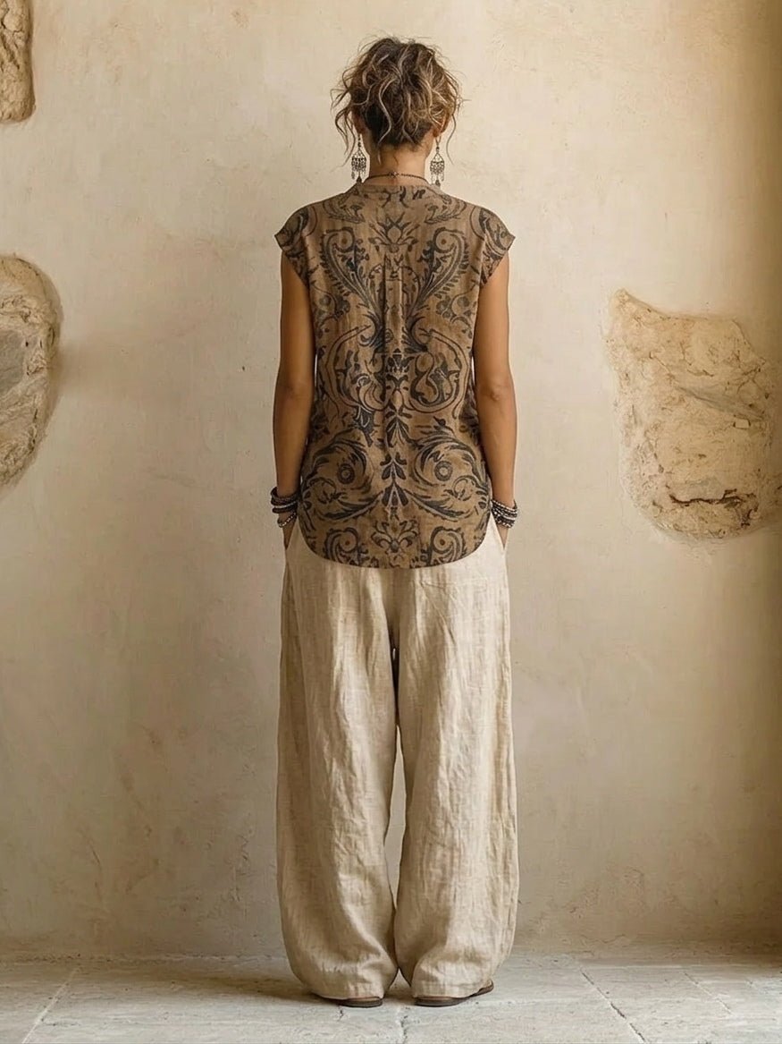 Eva - Linnen driedelig set met wide leg voor dames