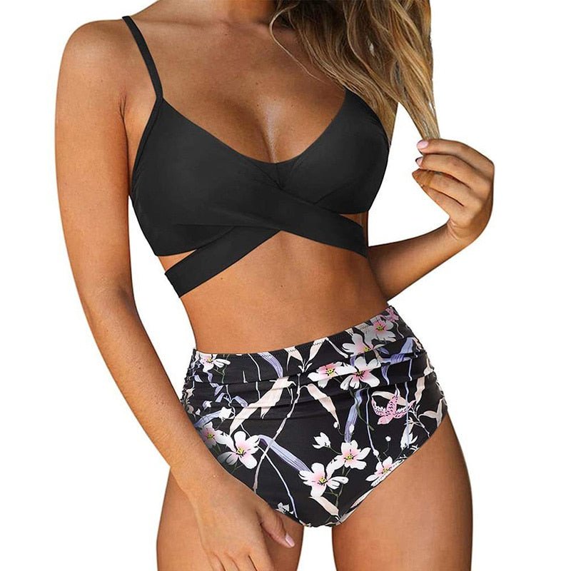 Fleur - Kleurrijke high waist damesbikini met crossover top