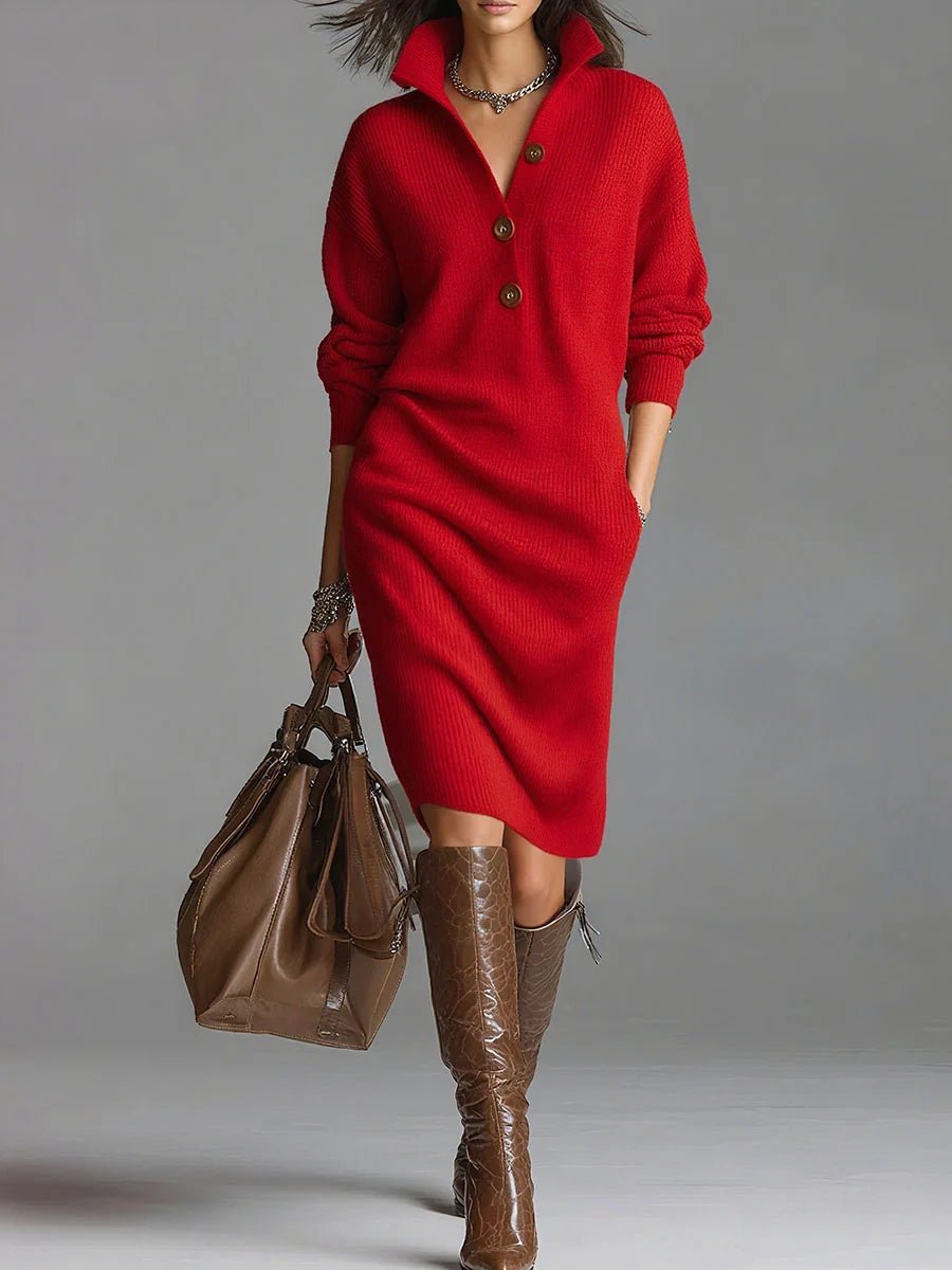 Yara - Elegante geribde midi jurk met knoopsluiting voor dames