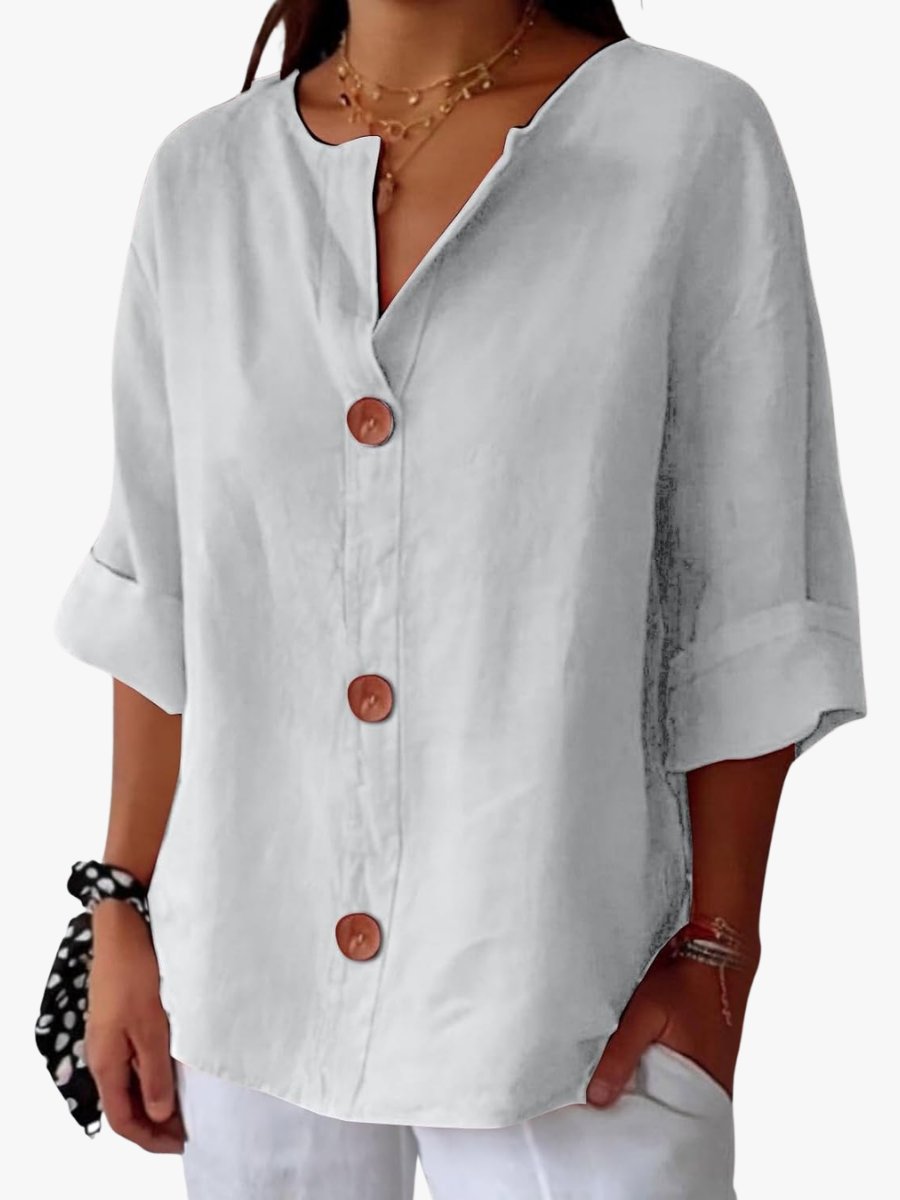 Lucy - Casual shirt met V-hals en terracotta knopen voor dames