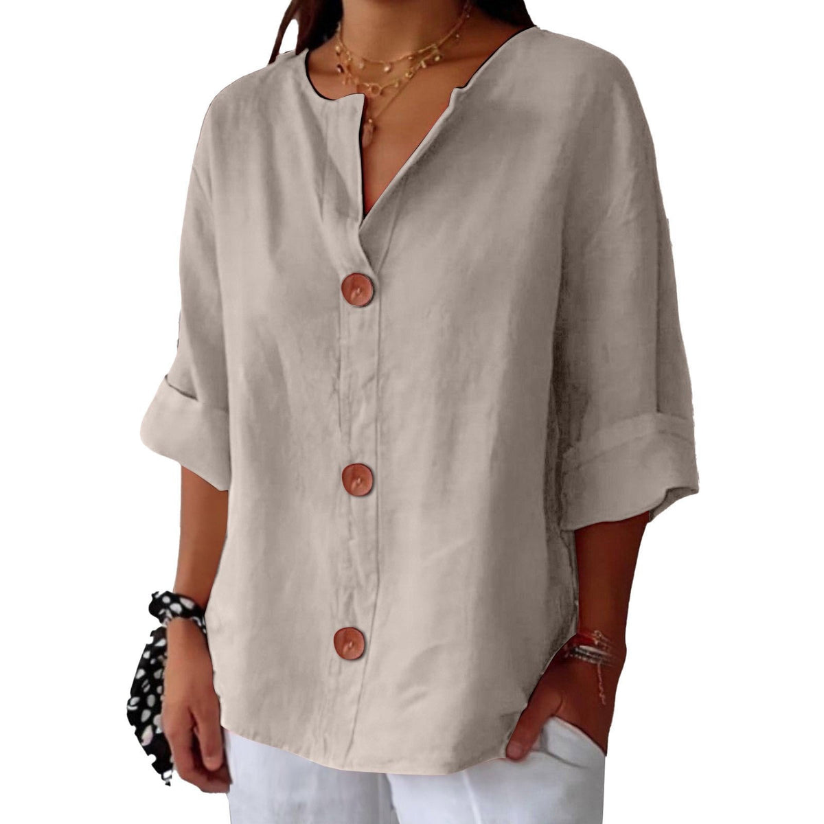 Lucy - Casual shirt met V-hals en terracotta knopen voor dames