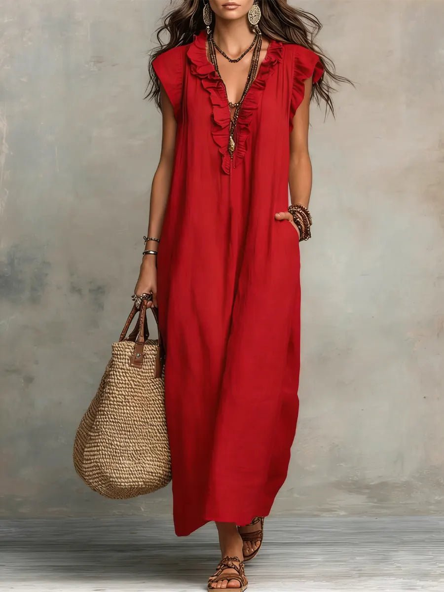 Anna - Vloeiende boho jurk met V-hals en ruches voor dames
