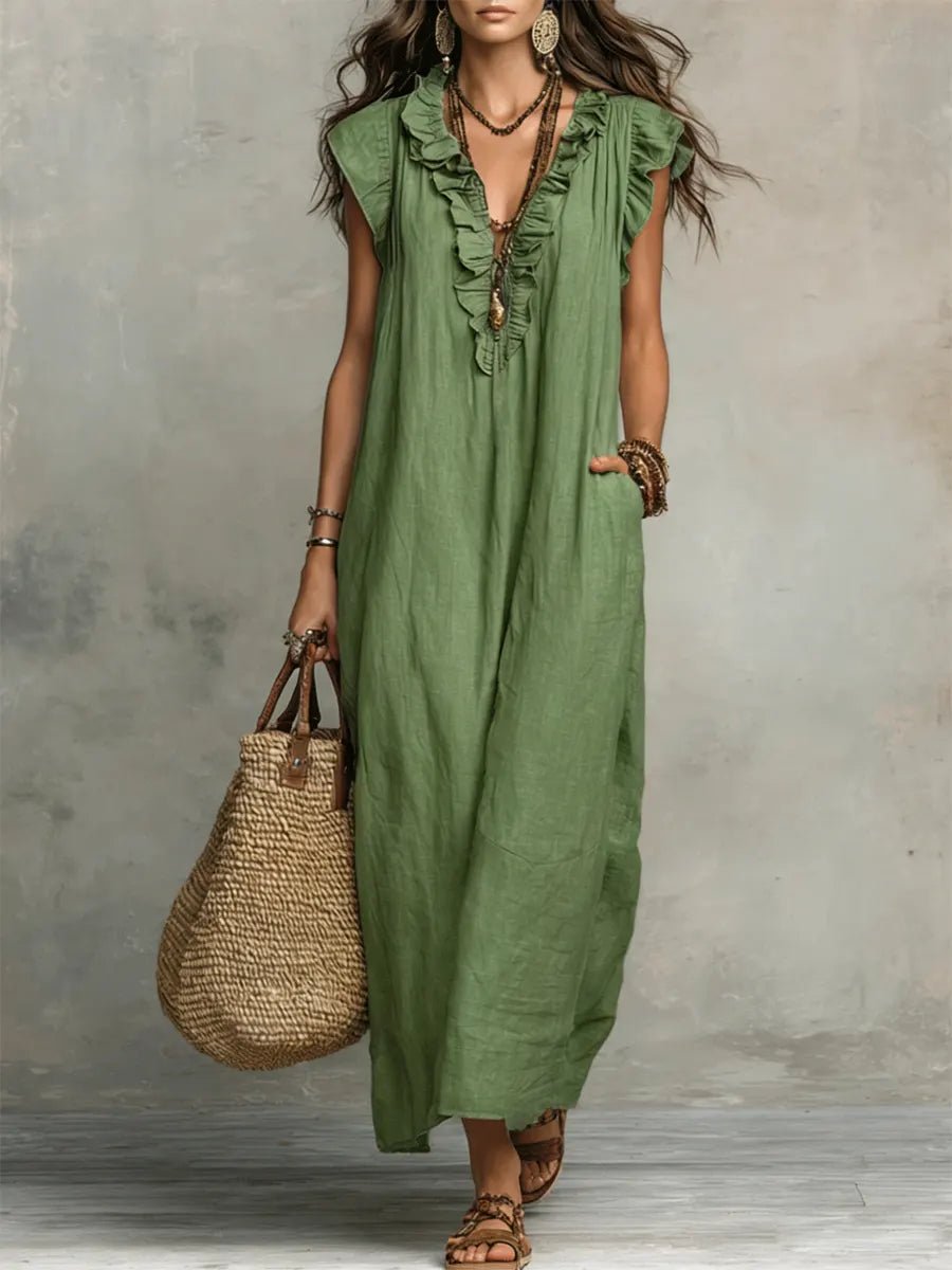 Anna - Vloeiende boho jurk met V-hals en ruches voor dames