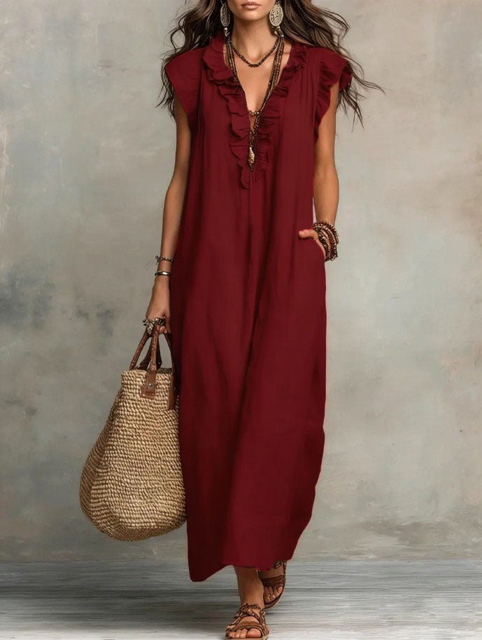 Anna - Vloeiende boho jurk met V-hals en ruches voor dames