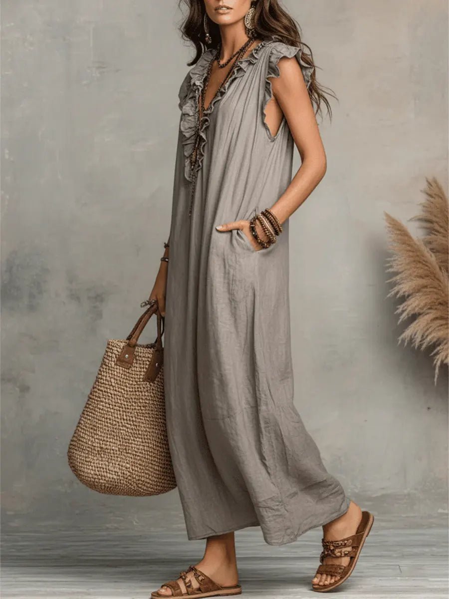 Anna - Vloeiende boho jurk met V-hals en ruches voor dames