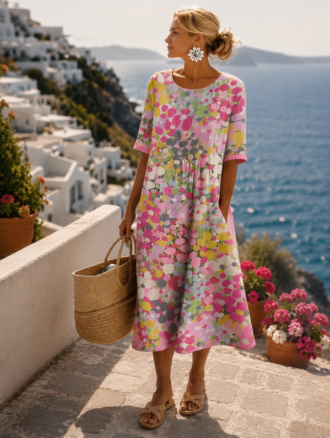 Rosa - Elegante midi bloemenjurk voor dames