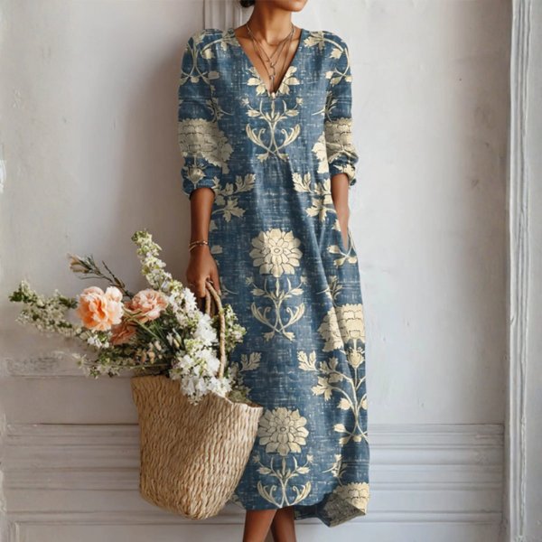 Maya - Vintage linnen midi jurk met bloemenprint voor dames