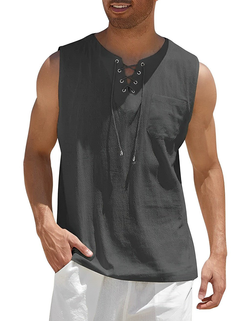 Grant - Luchtige linnen tanktop met vetertouw voor heren