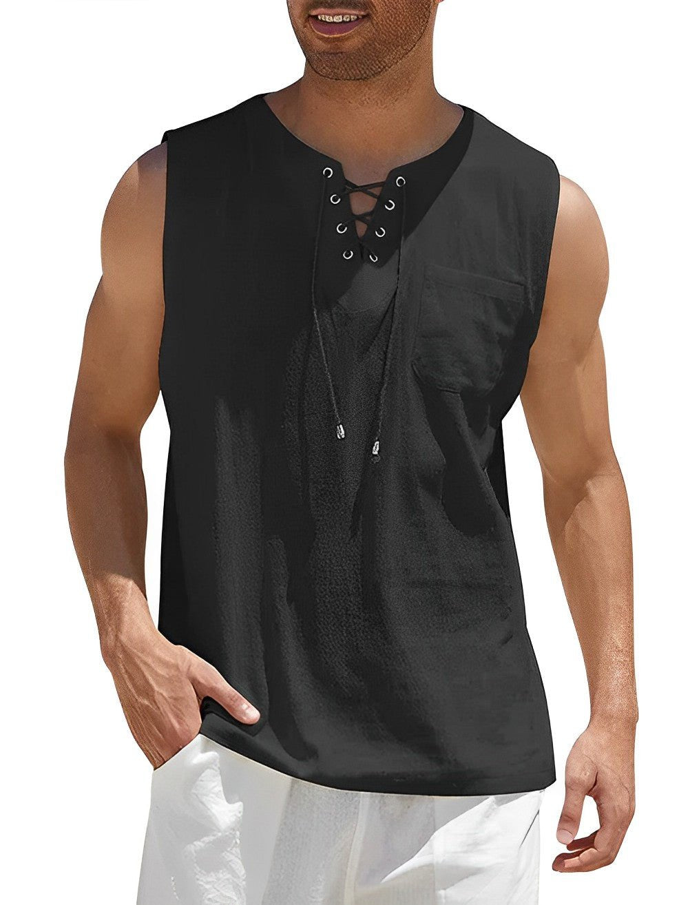 Grant - Luchtige linnen tanktop met vetertouw voor heren