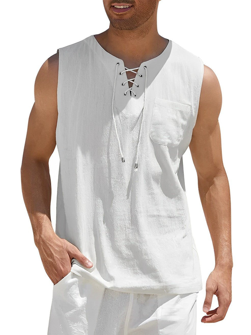 Grant - Luchtige linnen tanktop met vetertouw voor heren