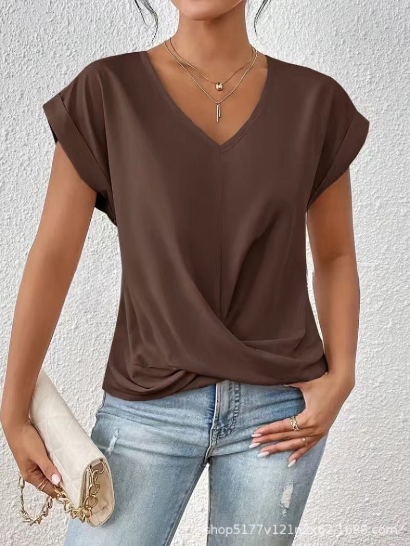 Sage - Elegant t-shirt met V-hals en gedraaide zoom voor dames