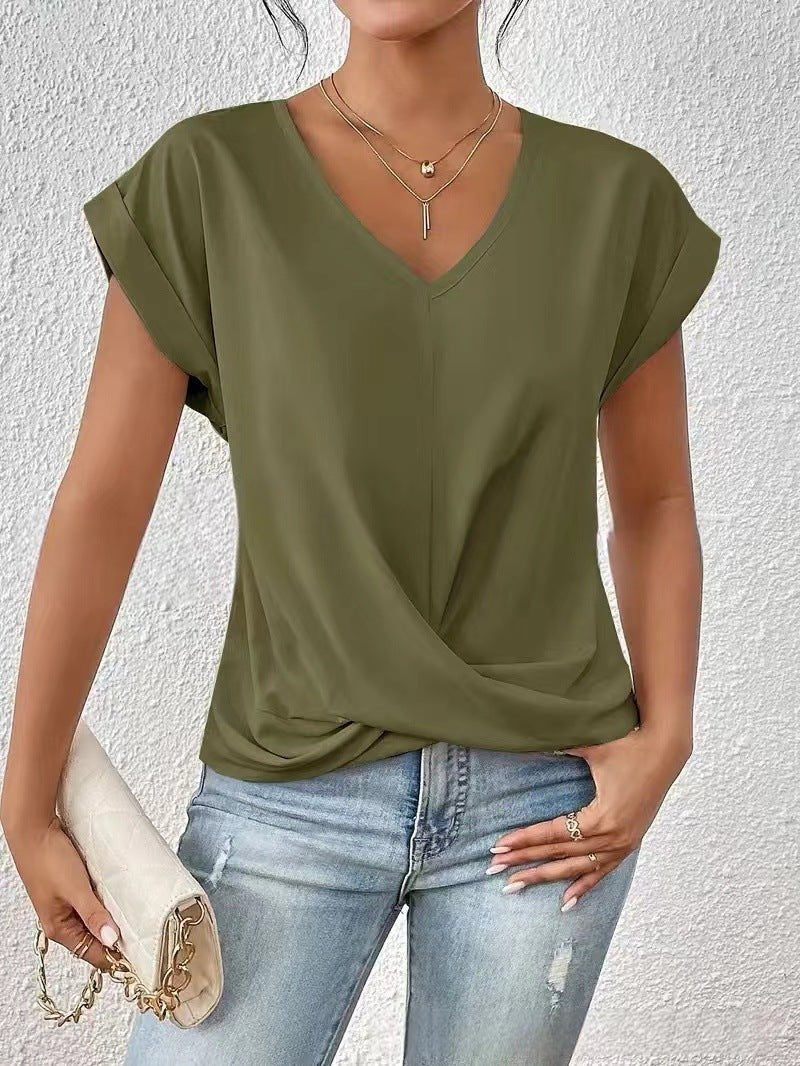 Sage - Elegant t-shirt met V-hals en gedraaide zoom voor dames