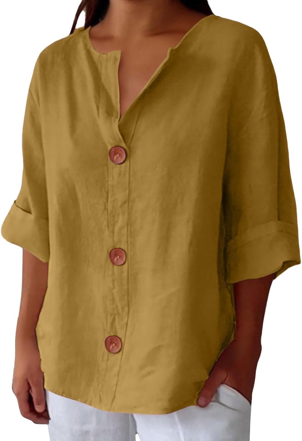 Lucy - Casual shirt met V-hals en terracotta knopen voor dames
