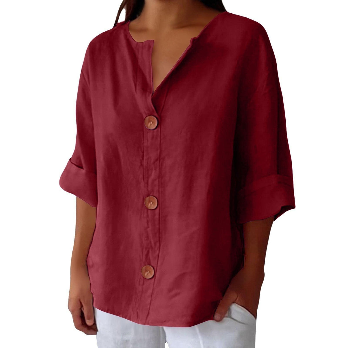 Lucy - Casual shirt met V-hals en terracotta knopen voor dames