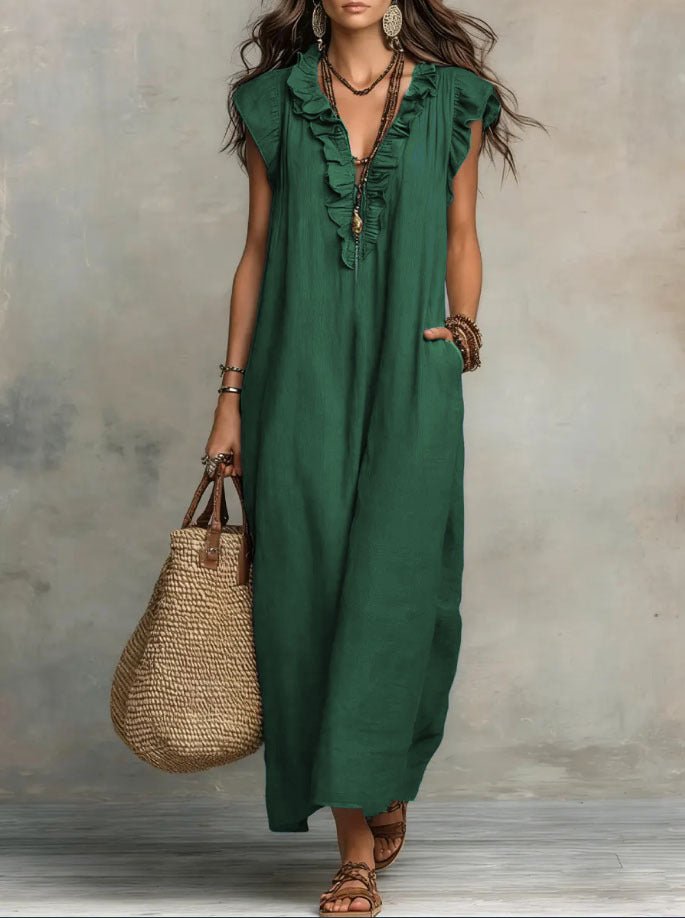 Anna - Vloeiende boho jurk met V-hals en ruches voor dames