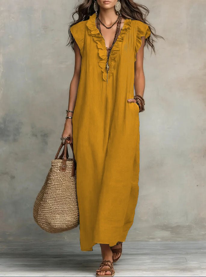 Anna - Vloeiende boho jurk met V-hals en ruches voor dames