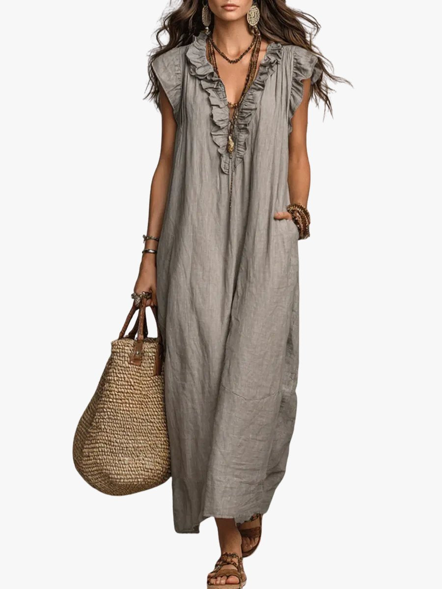 Anna - Vloeiende boho jurk met V-hals en ruches voor dames