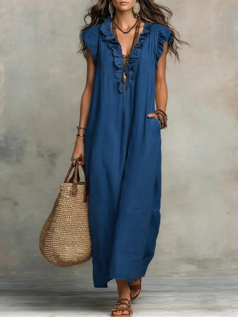 Anna - Vloeiende boho jurk met V-hals en ruches voor dames