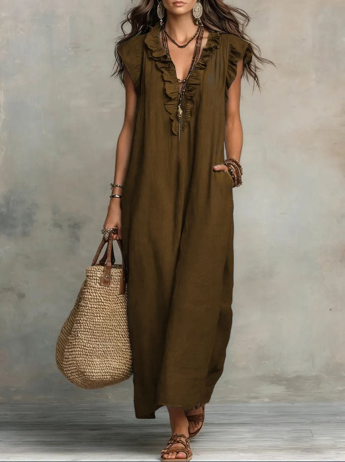 Anna - Vloeiende boho jurk met V-hals en ruches voor dames
