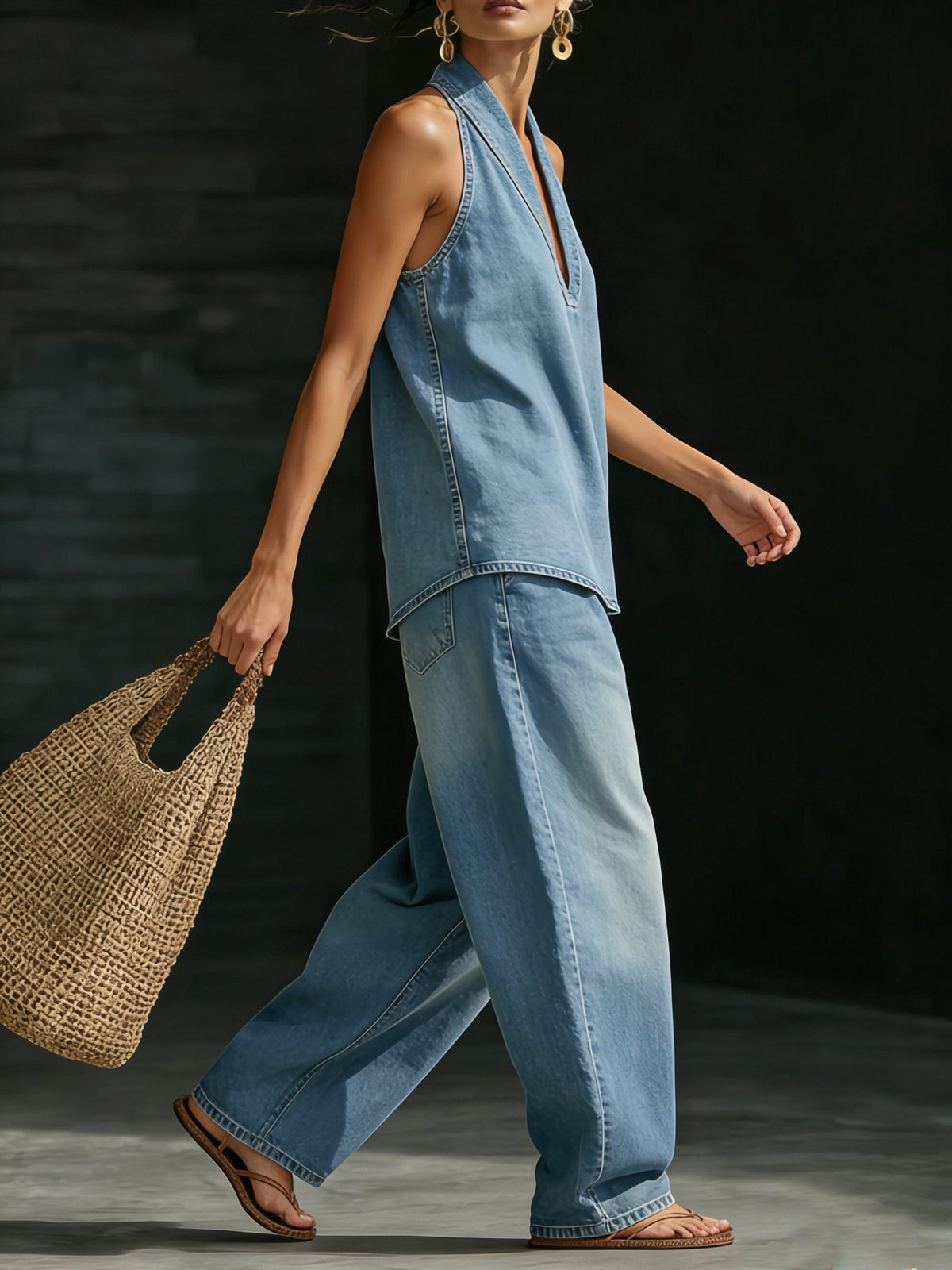 Renske - Casual tweedelige denimset met halter V-hals voor dames