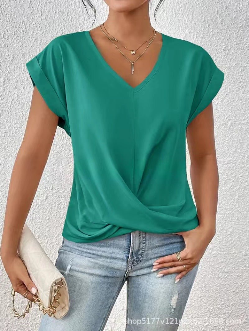 Sage - Elegant t-shirt met V-hals en gedraaide zoom voor dames