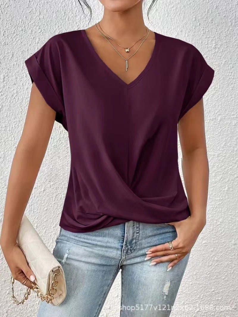 Sage - Elegant t-shirt met V-hals en gedraaide zoom voor dames