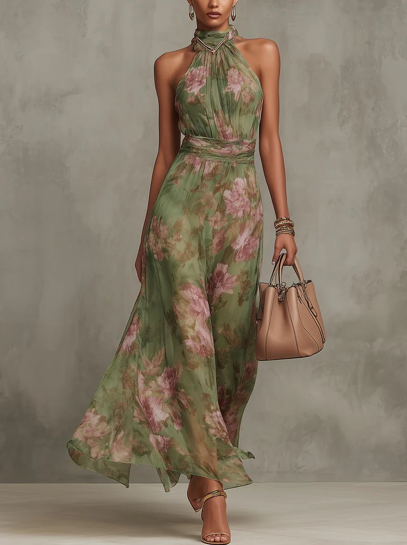 Wies - Elegante bloemen maxi jurk met halternek voor dames